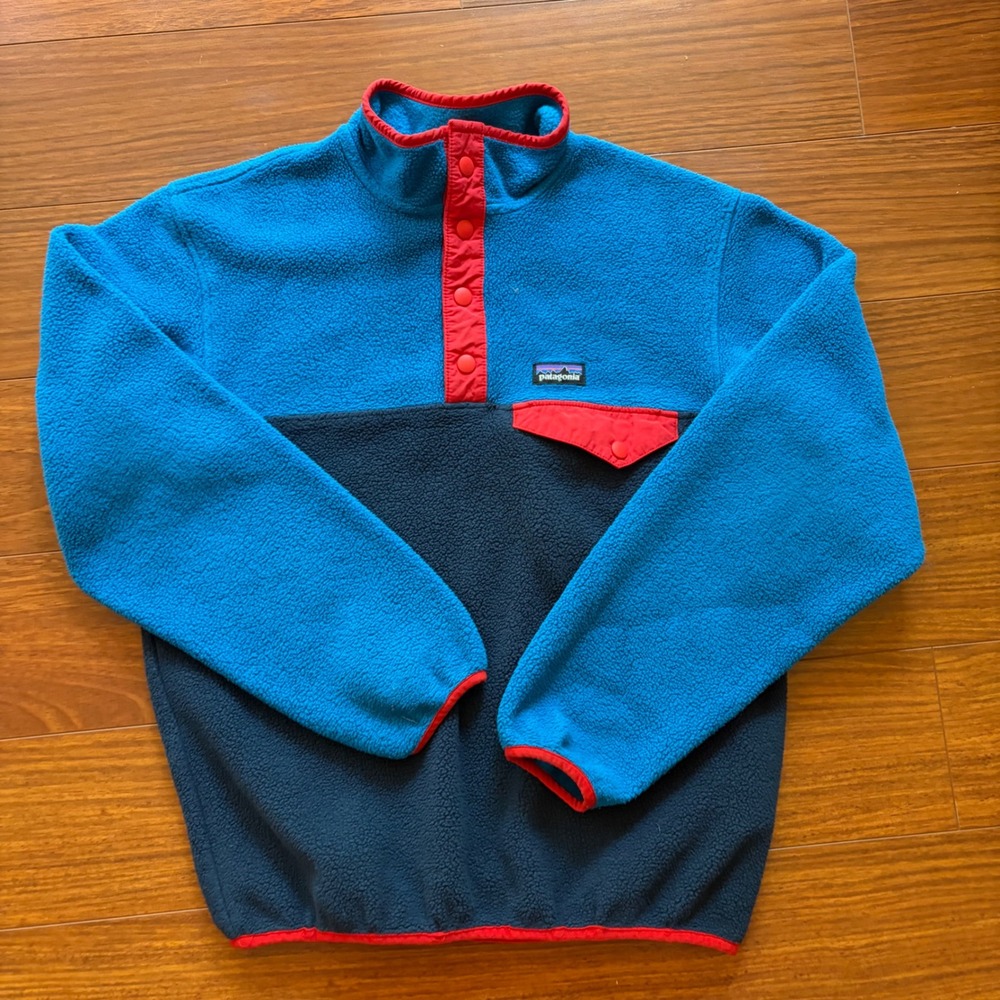 Patagonia Kids Large 12 Synchilla Fleece Snap-T Pullover Blue Navy Colorblock
